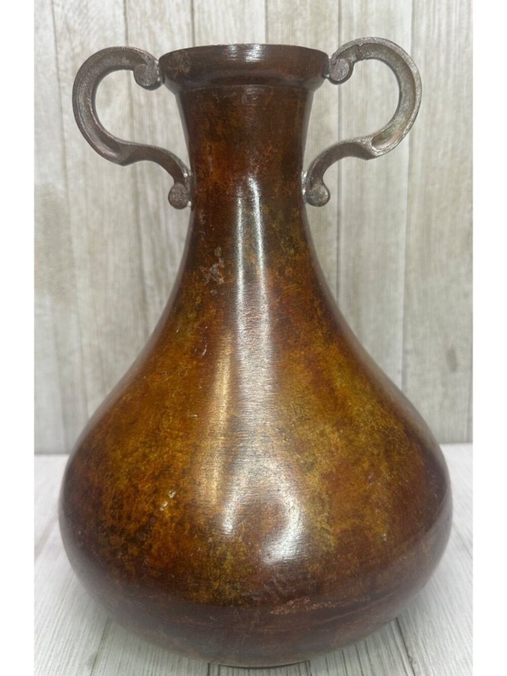 Vtg Metal Bronze Colored Vase Double Handled Pear Shaped 9.5" Tall Made in India